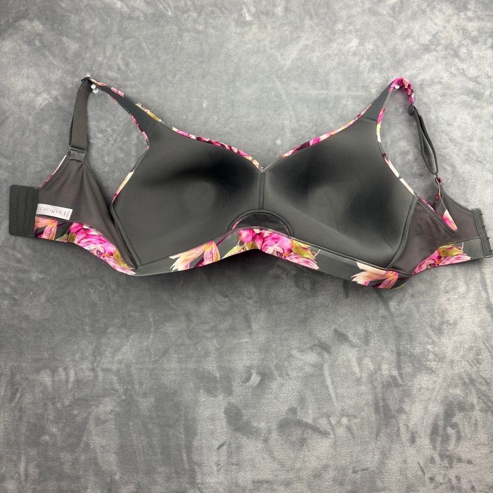 Cacique Womens 40D No-Wire Unlined Plunge Bra Floral Pink Gray Keyhole Cutout - Picture 8 of 12